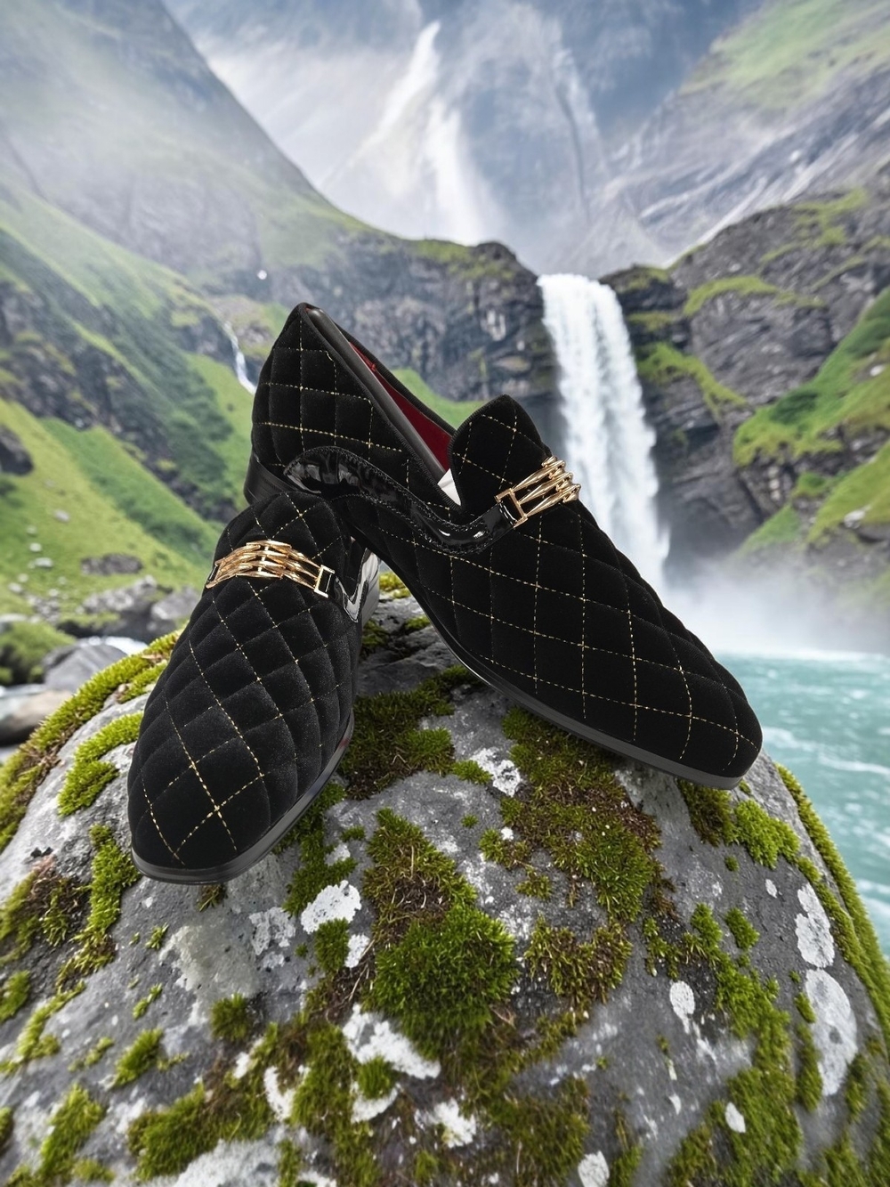 AFTER MIDNIGHT MENS DIAMOND QUILT VELVET SLIP ON FORMAL DRESS SHOE. 7045
